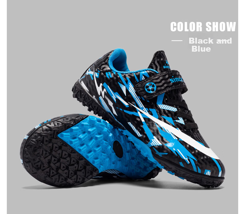 Shuangxing Kids Soccer Shoes Velcro TF Turf Studs Spring Autumn Non-slip Wear-resistant Training Student Football Shoes Black Blue 37 19