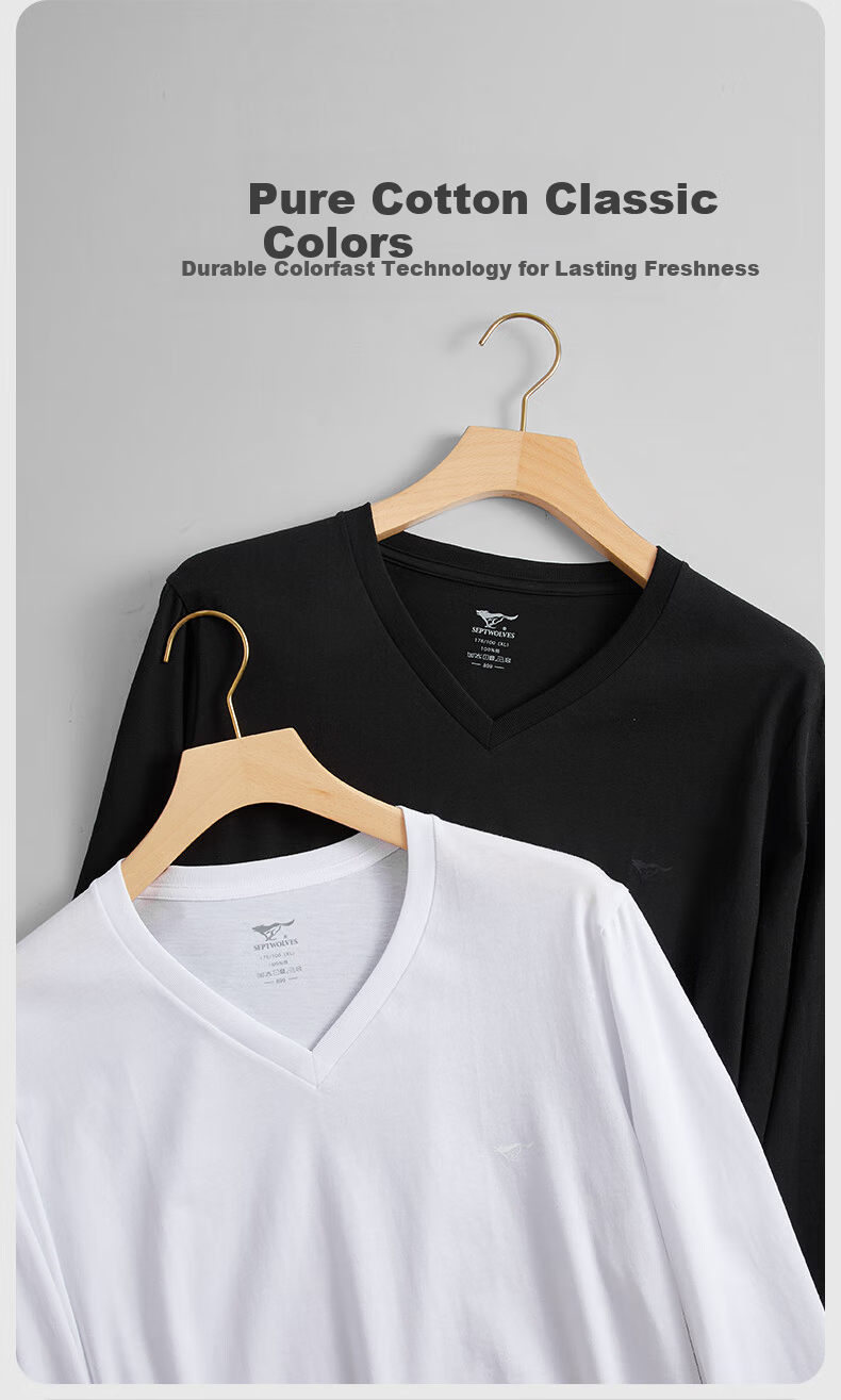 Seven Wolves 100% Cotton Men's Long Sleeve V-Neck T-Shirt Solid Color Sportswear Basic Shirt 8