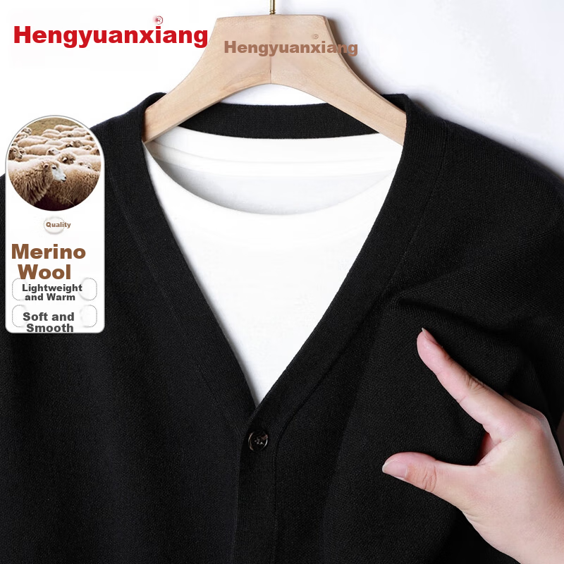 Hengyuanxiang Men's Knitted Cardigan Spring Autumn Solid Color Wool Blend Casual Warm Sweater Jacket