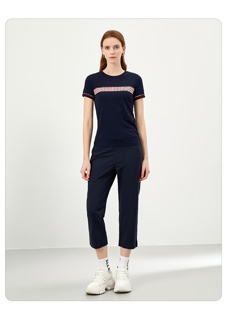 ELLE ACTIVE Casual Colorblock Plaid Short Sleeve T-Shirt Women Summer Simple Versatile Commuter Sports Crew Neck Top White S 11