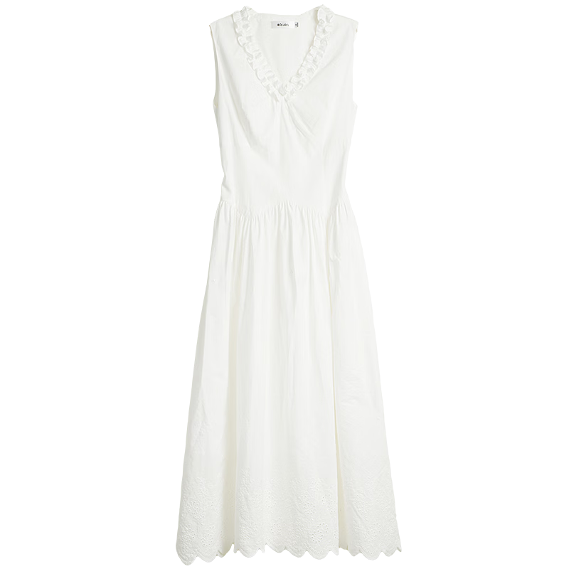 Olrain European Style Summer New French V-Neck Slim Fit Vest Dress for Women Mid-Length Dress Off-White XL