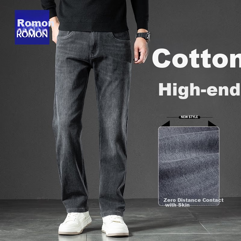 Romon Men's Jeans Spring Autumn 2026 New Straight Leg Stretch Pants Black Gray Regular 28