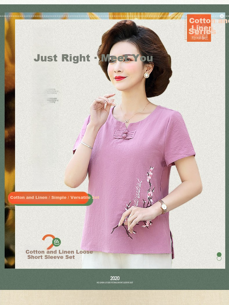 Hengyuanxiang Middle-aged Mom Summer Cotton Embroidered Short Sleeve T-shirt Casual Homewear Cotton Linen Women's Clothing for Middle-aged and Elderly 2