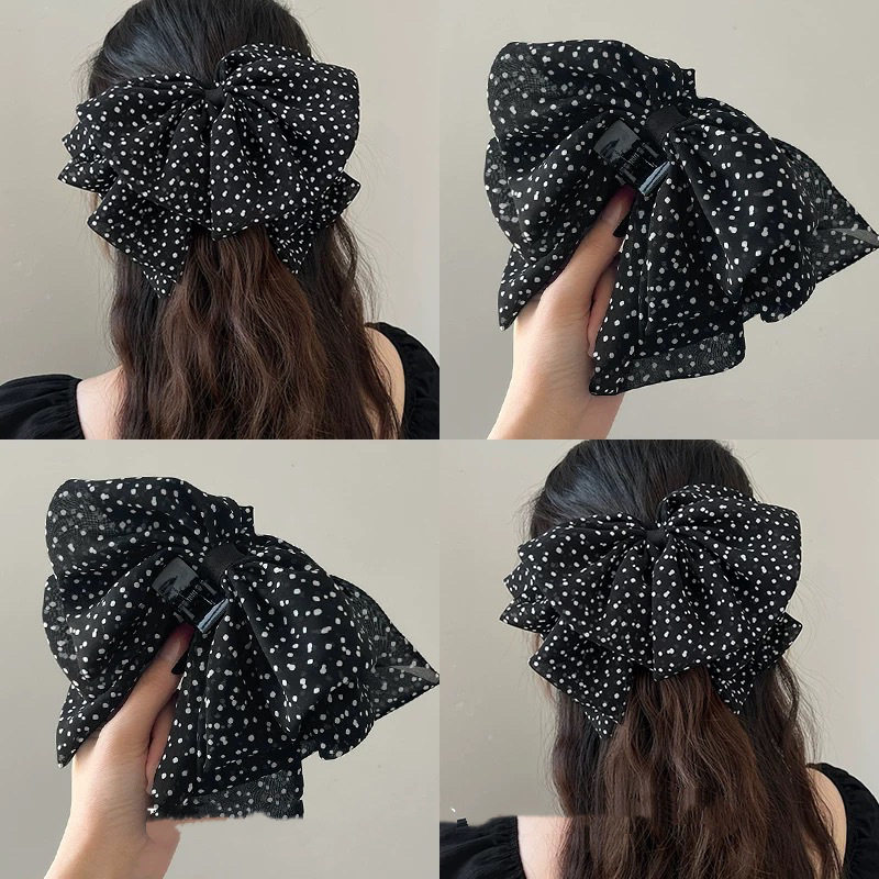 Dongyi Selected Vintage Polka Dot Three-Layer Tulle Bow Ponytail Clip Half-Up Hair Bun Shark Clip Hair Accessories 2