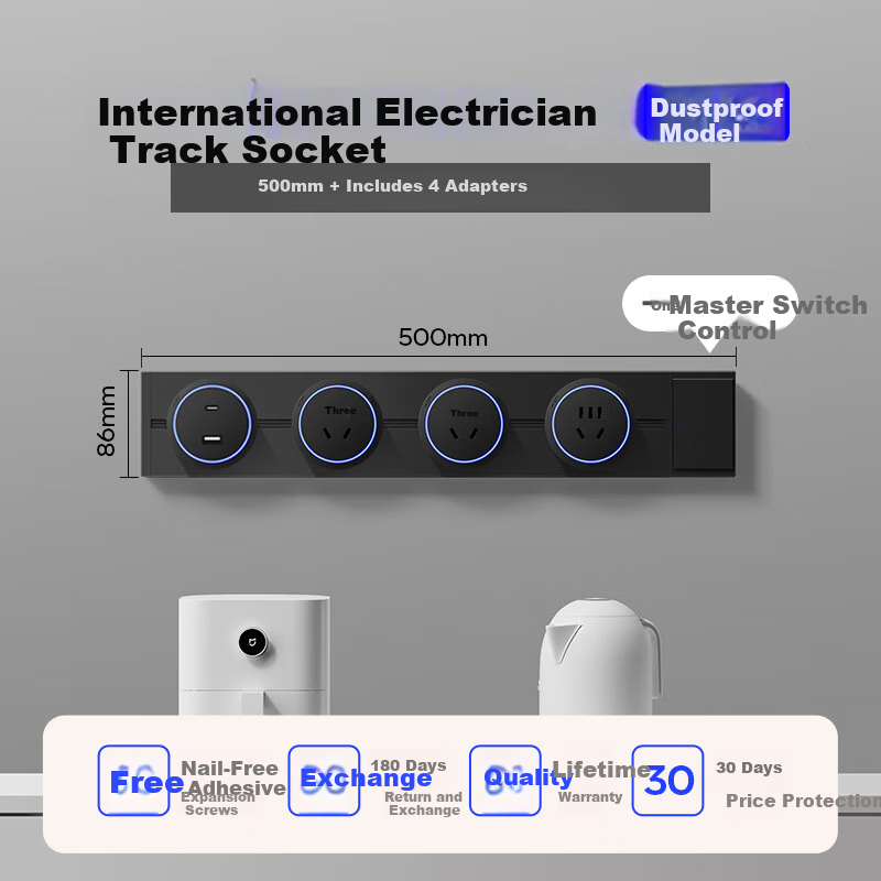 International Electric Track Socket Surface Mounted with Switch Master Control Movable Wall-mounted Rail Socket No Drilling with Ambient Light 50cm Track + Three 5-hole Outlets + One USB Black