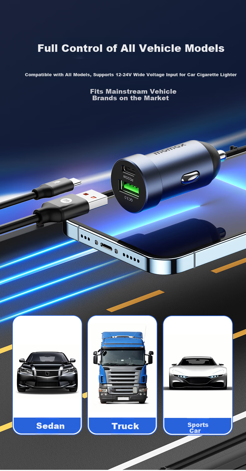 MOMAX 30W Dual-Port Car Charger, Cigarette Lighter Adapter, Super Fast Charging Converter Plug, Compatible with Apple 16 Huawei/Xiaomi, Two-In Deep Space Gray 7