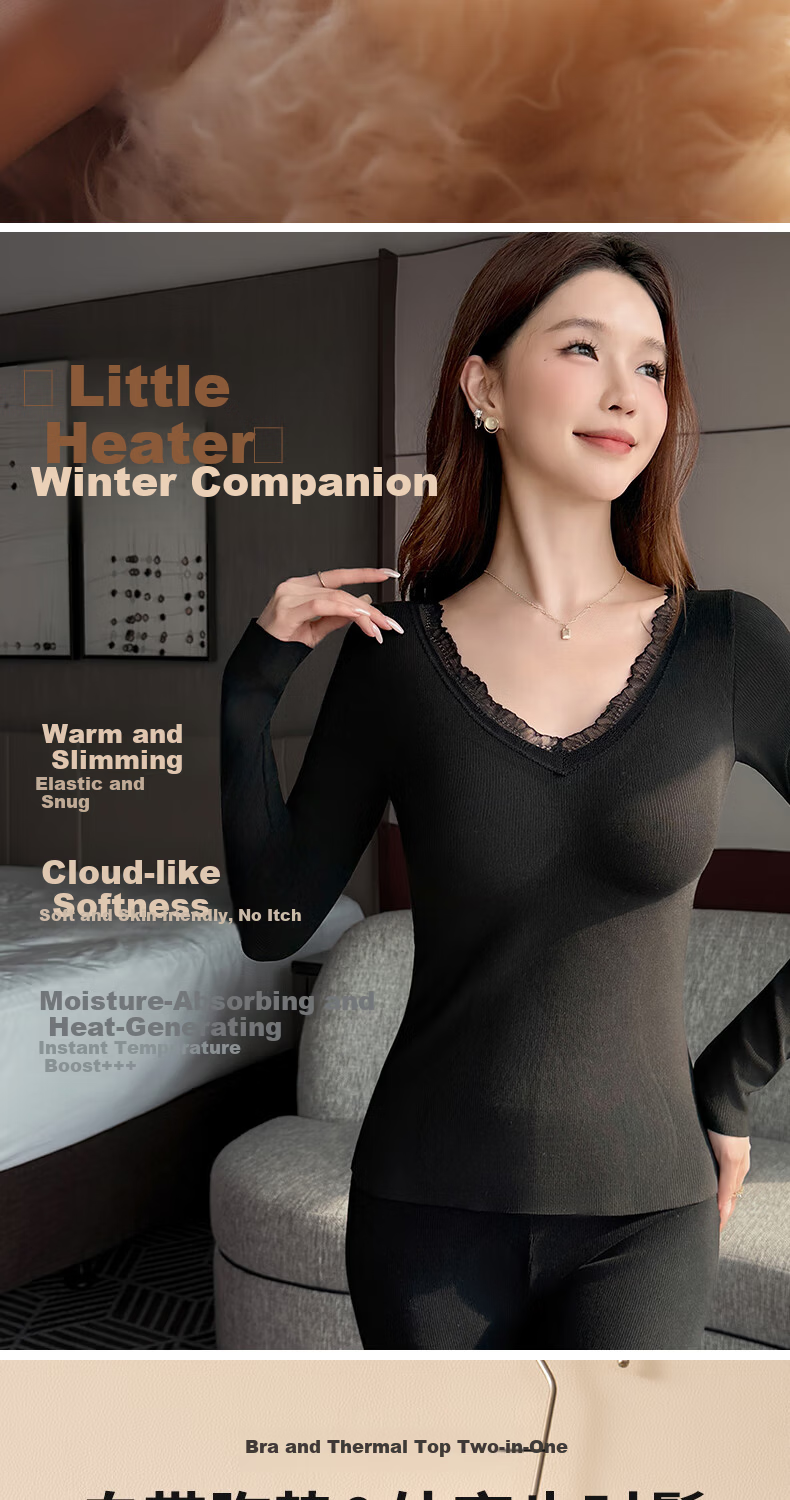MiiOW Women's Thermal Underwear Set Cotton Slim Fit Fleece Lined Autumn Top and Bottom with Chest Pad Winter Base Layer 3