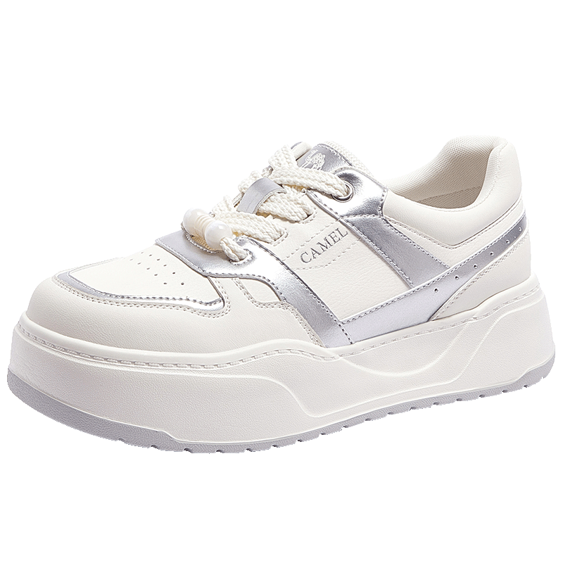 CAMEL Women's Classic Simple Casual White Sneakers Comfortable Height-Increasing Skate Shoes L26S577200 Beige/Silver 37