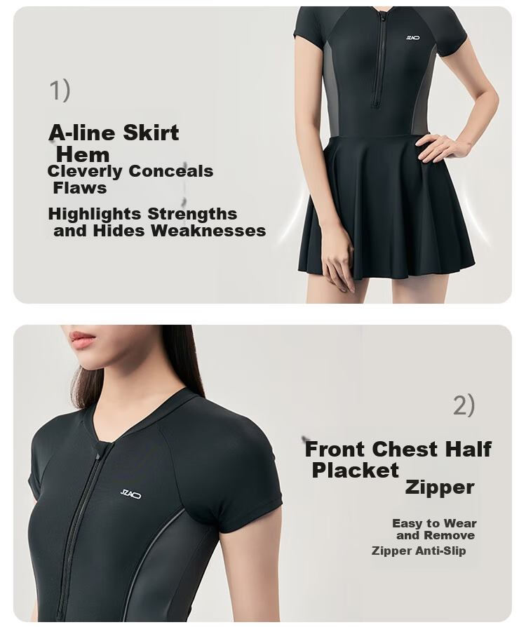 JD Jingzao Women's One-Piece Skirted Swimsuit Slimming Chlorine-Resistant Quick-Dry Conservative Beach Hot Spring Swimwear Black M 22