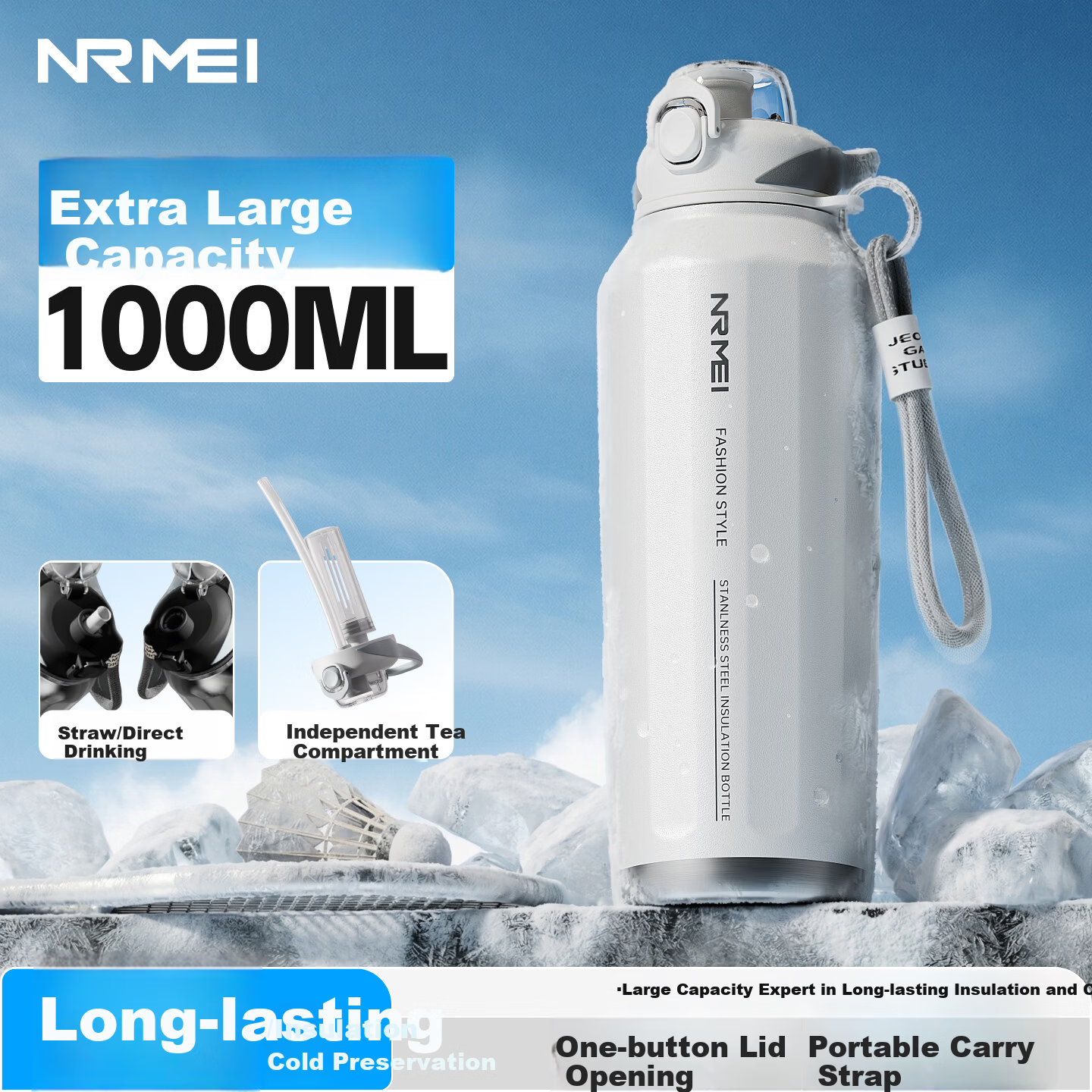 NRMEi Insulated Large Capacity 316 Stainless Steel Sports Water Bottle with Straw for Boys Teens 12-18 Years Outdoor