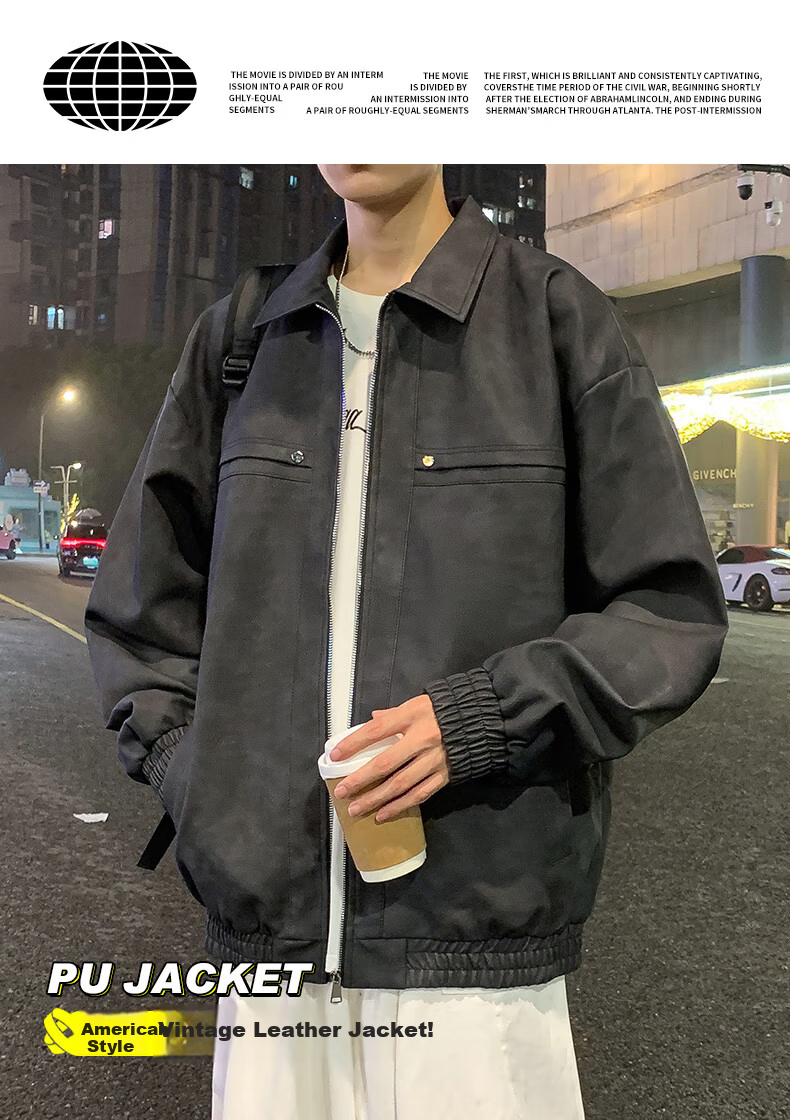 Warrior Men's Casual Leather Jacket Spring Autumn Loose Lapel Workwear Coat Gray XL 2