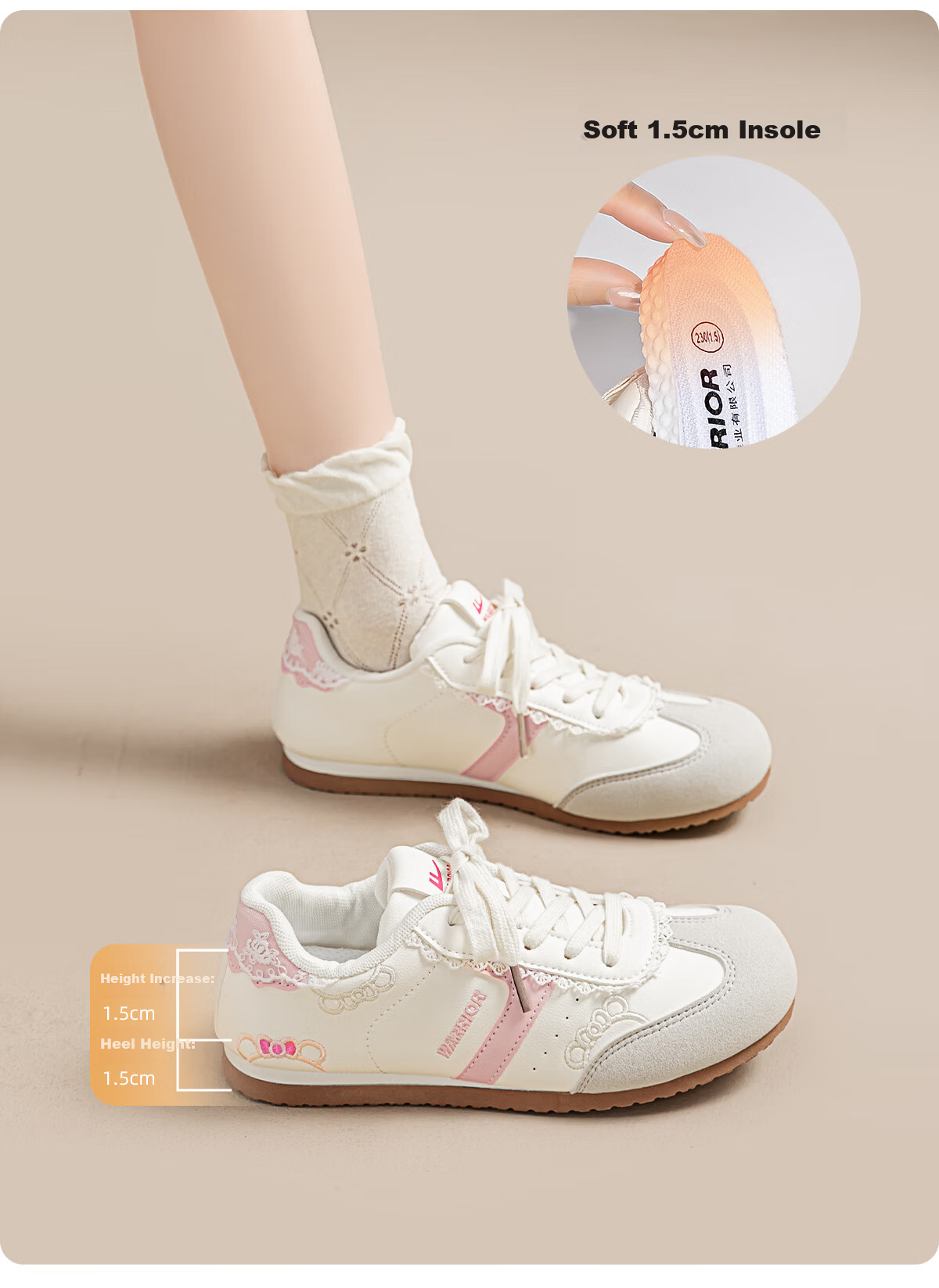 Warrior Embroidered KT Cat Training Shoes Women's New Student Versatile Chic Casual White Shoes Light Gray Pink Size 37 4