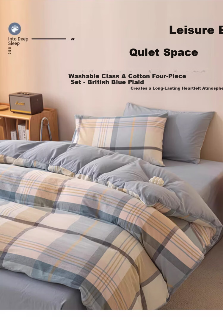 MUJI 100% Cotton Four-Piece Bedding Set Antibacterial AB Version Double-Sided Sheet and Duvet Cover 200x230cm 1.5/1.8m Bed British Blue Plaid 1