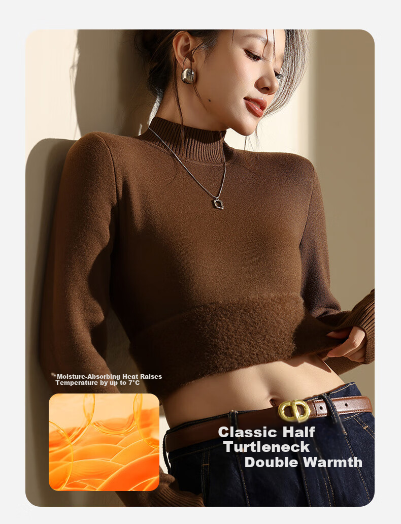 Miiow Women's Fleece-Lined Knitted Sweater Thickened Half Turtleneck Base Layer Integrated Fleece Knit Top 12
