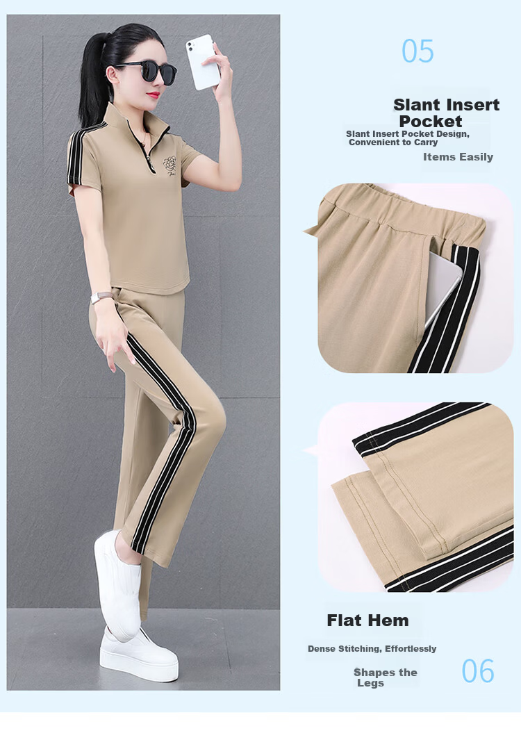 Woodpecker Zipper Sportswear Set for Women Summer Thin Cotton Middle-aged Fashion Casual Stand Collar Two-piece Khaki 2XL 8