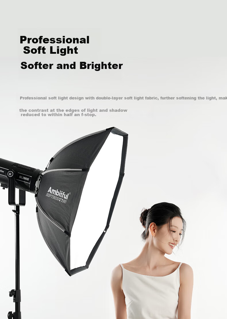 AMBITFUL ZhiJie Q7 Quick-Install Deep Octagonal 55CM Softbox with Bowens Mount Soft Diffuser for Godox SL150III Live Streaming Photography Light 8