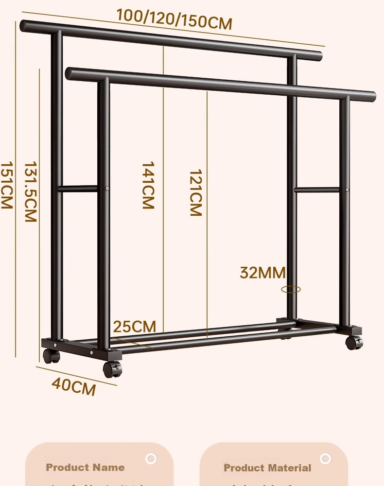 Shunyou Double Rod Floor Standing Coat Rack Indoor Mobile Clothes Hanger Storage Drying Rack Dormitory Clothes Drying Rack SY-1210 12