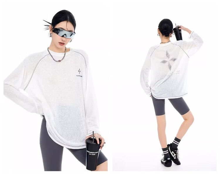 ICH MODE Lyocell Cross-Print Long-Sleeve T-Shirt, Physical Sun Protection Cover-Up for Women, Summer Hasselblad Online Top, White, Size S 24