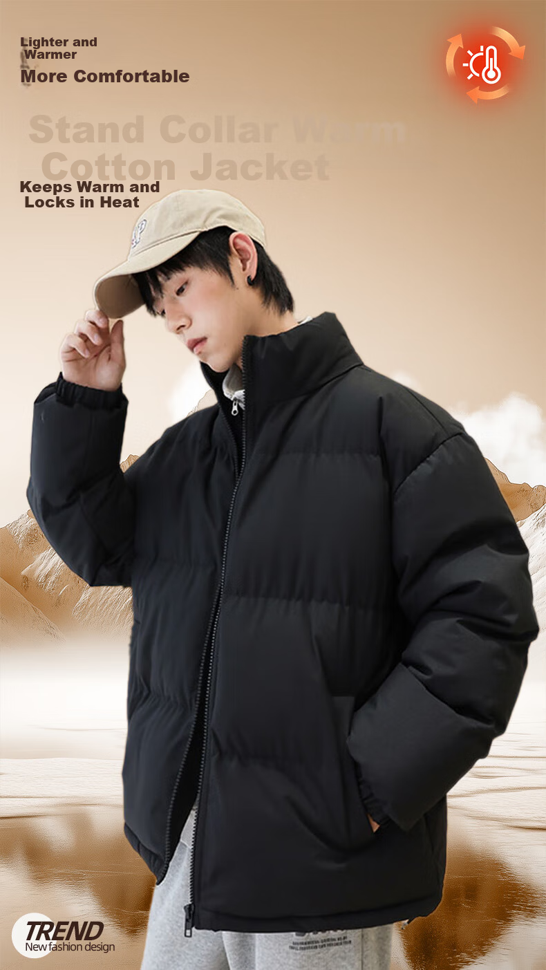 Jeanswest Men's 2025 New Thickened Stand Collar Puffer Jacket Winter Fleece Lined Warm Cotton Coat 1