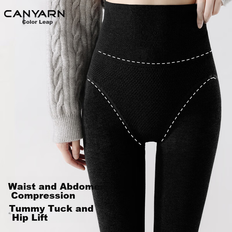 Caiyue High-Waist Leggings for Women, Abdominal Compression, Hip Lifting, Tummy Control, Herringbone Anti-Roll Cotton, Autumn Winter Fleece-Lined Thick Warm Pants