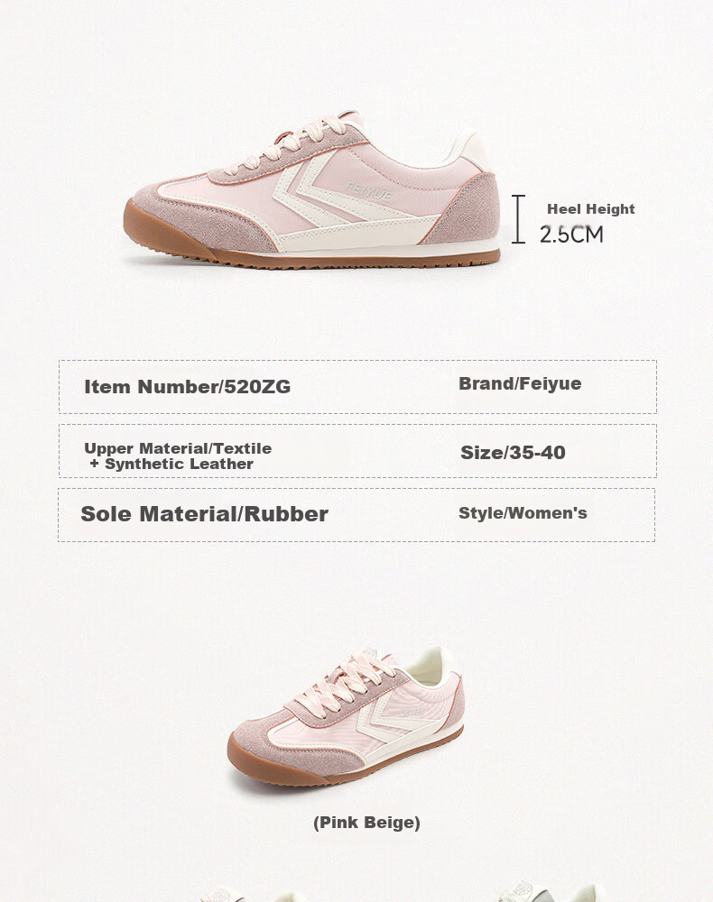Feiyue Official Women's Sneakers 2026 Spring New Casual Breathable Shoes Pink Beige Size 38 5
