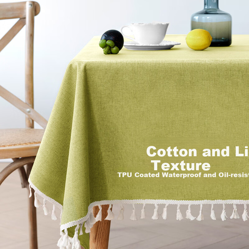 Aiwei Cotton Linen Waterproof Oil-Resistant Solid Color Rectangular Tablecloth with Tassels for Coffee Table 140*180cm Greenery