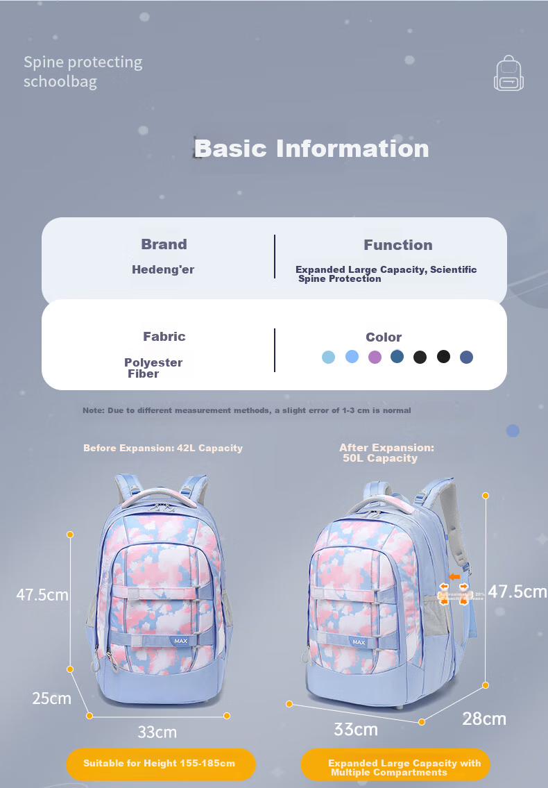 Herder Large Capacity Middle and High School Student Backpack for Boys and Girls, Grades 7-12, Ergonomic Spine Protection, Expandable, Lightweight, Stylish Double Shoulder Bag 3