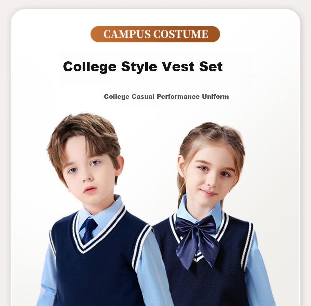 Luomeng Children's School Uniform Spring And Autumn Boys Girls Knitted Vest Set, Navy Blue White Trim Knitted Waistcoat, Size 150 4