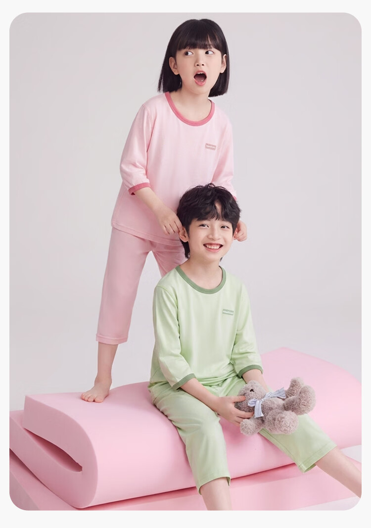 Hodo Kids Loungewear Unisex Lyocell Pajama Set Student Three-Quarter Sleeve Air Conditioning Clothes Sakura Pink 130 9