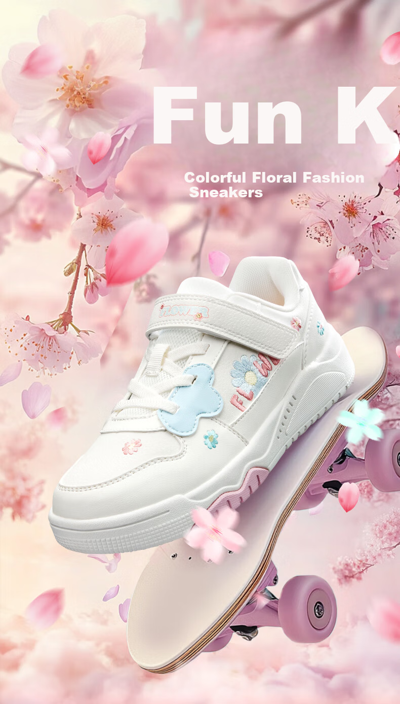 XTEP Kids Girls Flower Velcro Leather Panel Shoes Sail White/Peach Pink Size 28 1