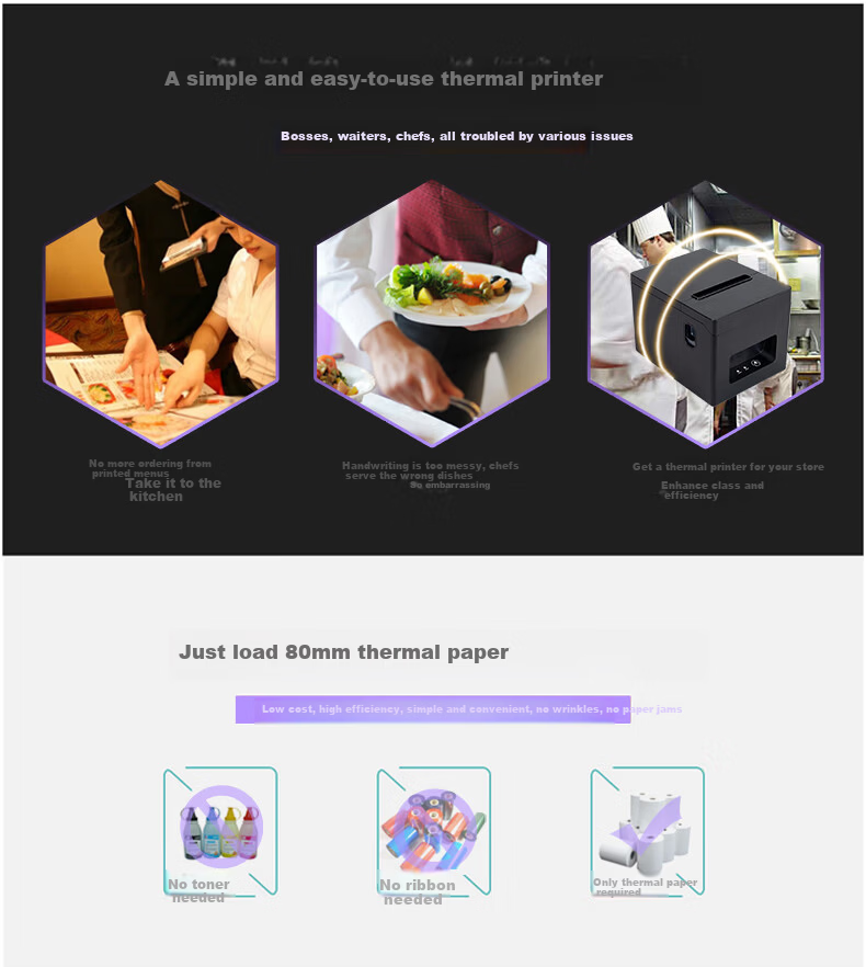 Dongwei 80mm Thermal Receipt Printer for Restaurant Hotel Kitchen Meituan Takeout Supermarket Milk Tea Shop Cash Register with Auto Paper Cutter USB 2
