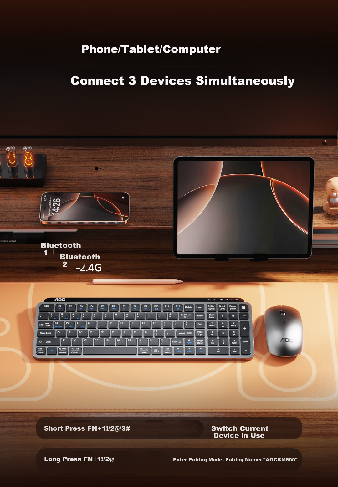 AOC KM600 Wireless Bluetooth Keyboard And Mouse Combo, Dual-Mode Rechargeable Keyboard And Mouse, Scissor Foot Structure, Splash-Resistant, Compatible with Laptops, Black 2