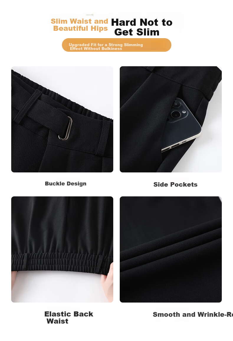 FitonTon Women's Black Early Autumn 2025 Draped Elegant Casual Wide-Leg Straight-Leg Trousers 6
