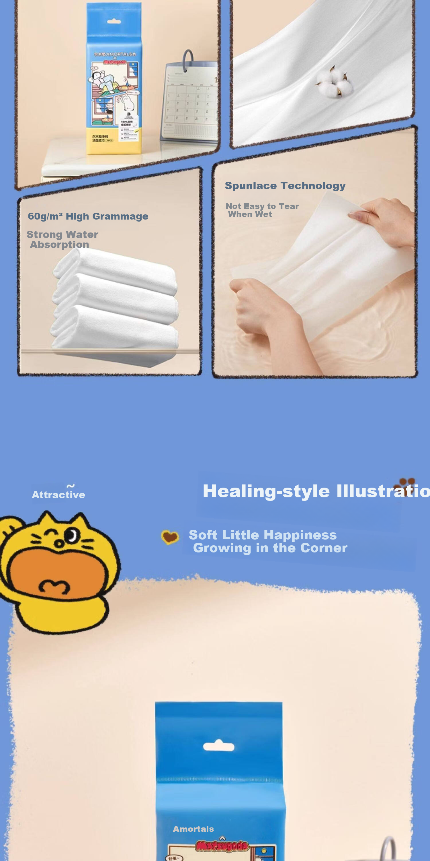 AMORTALS 【MATSUGODA Collaboration】Cotton Facial Cleansing Towels Disposable Soft Cotton Face Wipes 70 Sheets*1 Pack 6