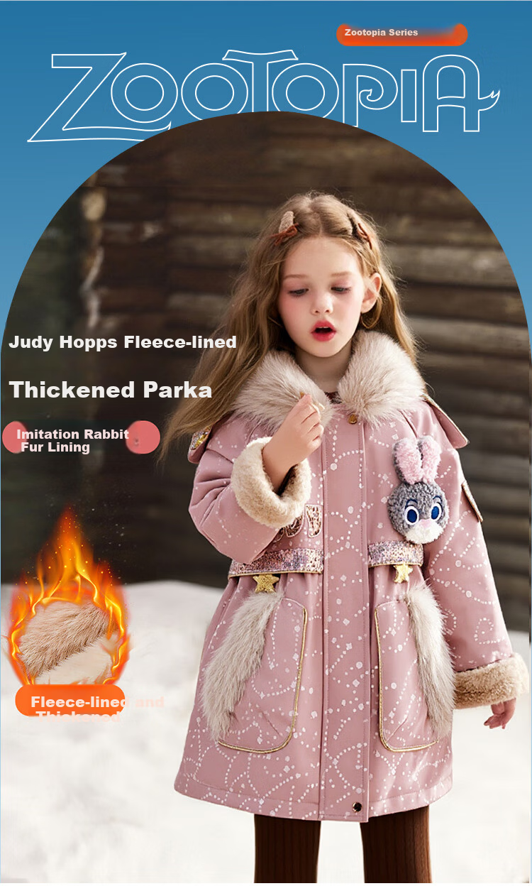 Disney Baby Girls' Autumn Winter 2026 New Zootopia Hooded Parka Thickened Cotton Padded Kids Jacket 3