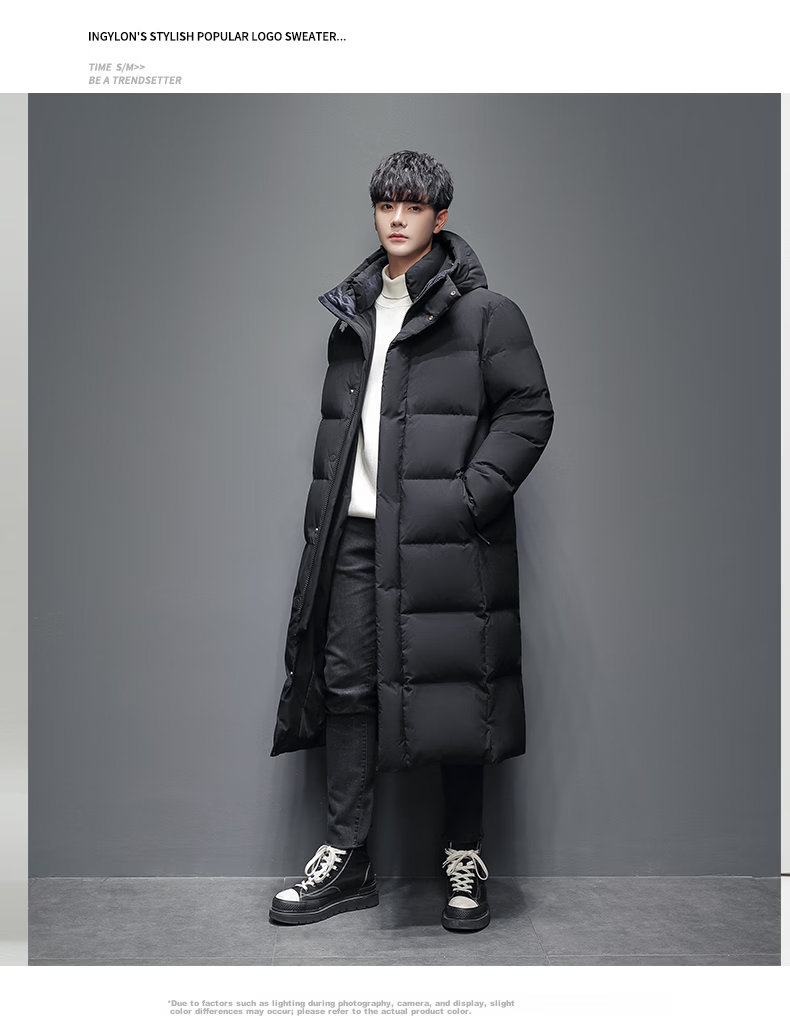 Yalu down Jacket, Unisex Winter Style, Knee-Length, Thickened, Cold-Resistant, Warm, Duck Down, Fashionable Hooded Couple's Coat 16