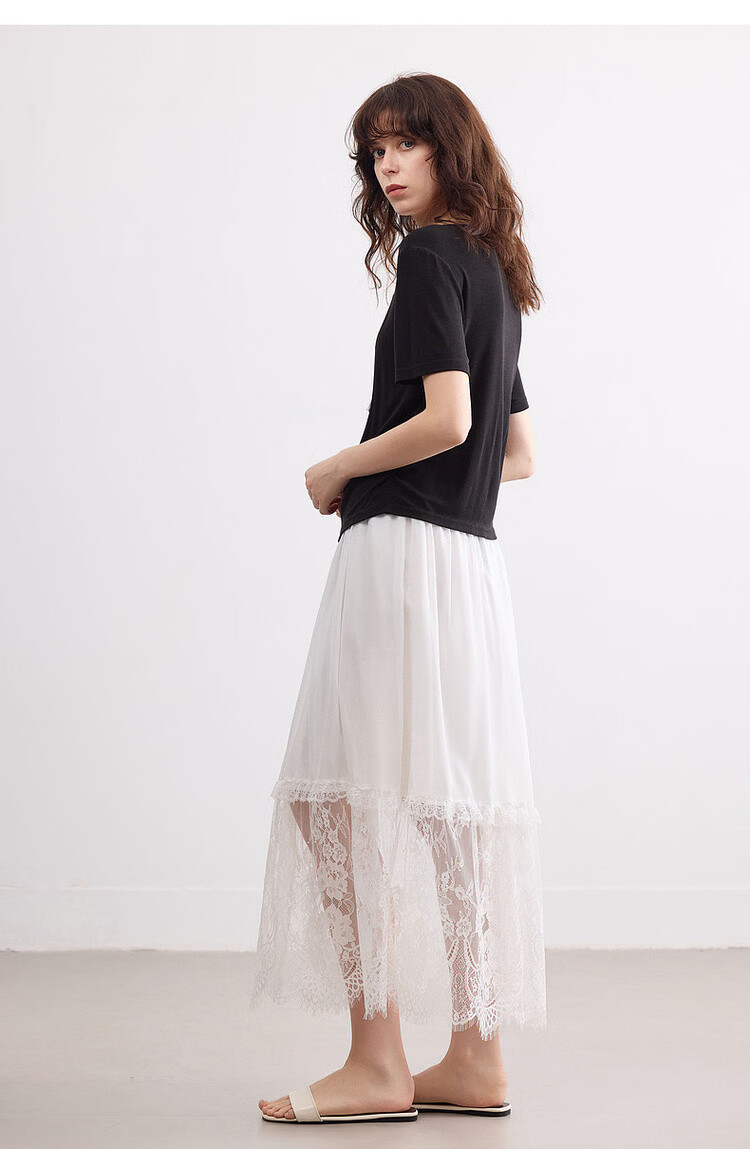 Demana [Yunsha Manwu] Summer Fresh Sweet Lace Splicing Lightweight Flowing Elastic Waist Mid-Length Skirt for Women 16