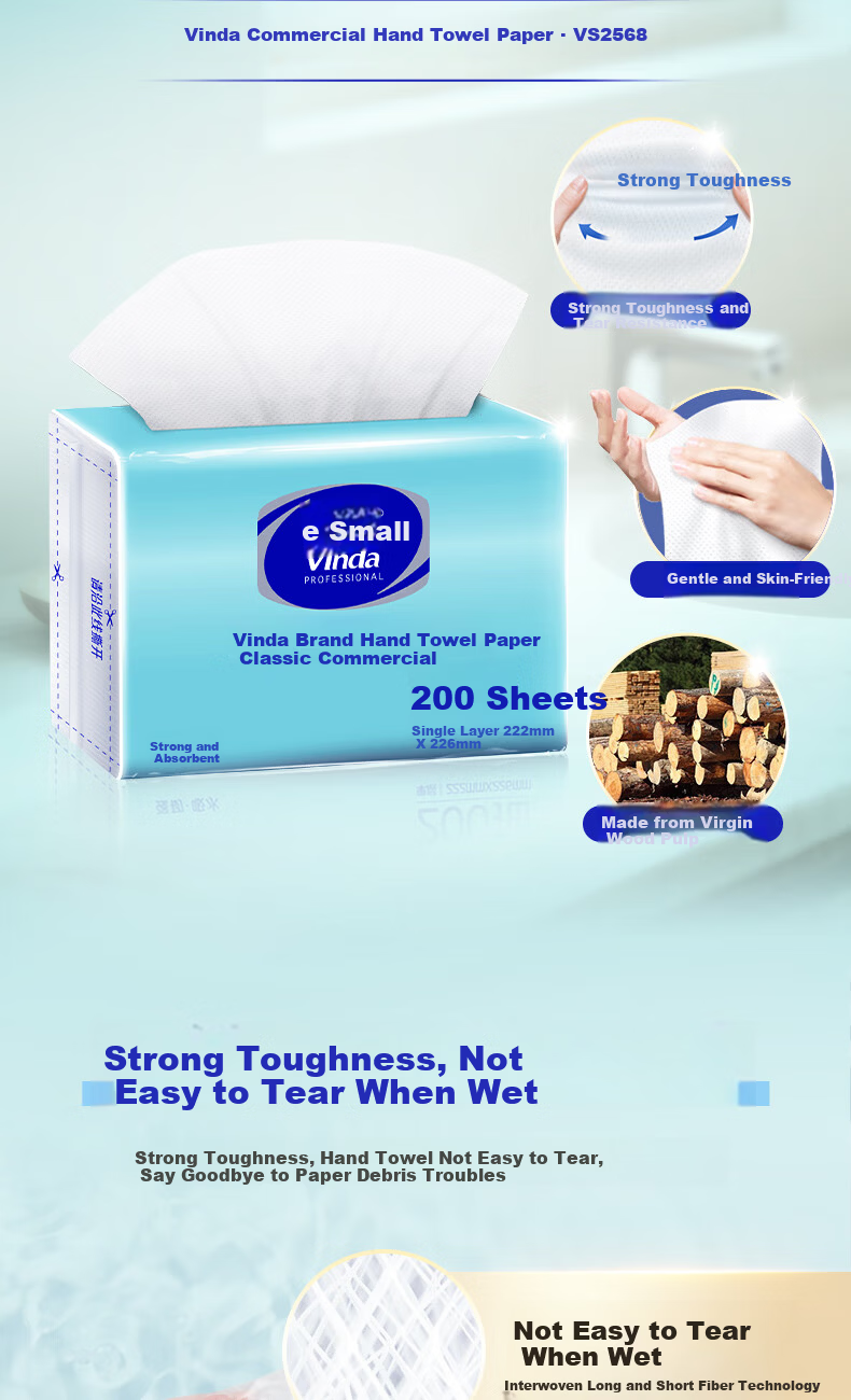 Vinda Commercial Business Hand Towels 1-Ply 200 Sheets * 20 Packs XL Size Absorbent Oil-Absorbing Dry Hand Paper Full Box 2