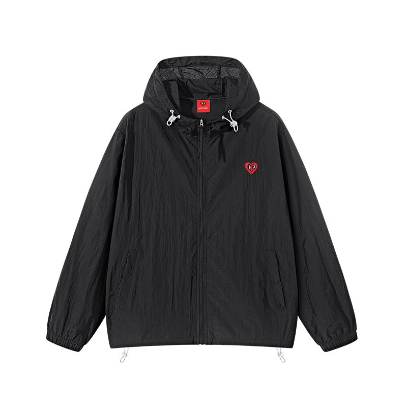 Charles Heart Embroidery Hooded Sun Protection Jacket Lightweight Breathable Outdoor Sunproof Coat Black S