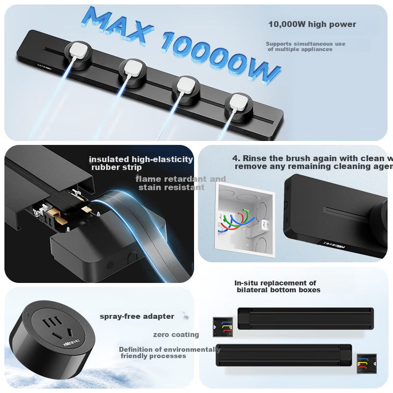NVC Lighting Track Socket Surface Mounted No-Drill Wall-Mounted Movable Wall Rail Socket 80cm + Four Five-Hole Outlets Black