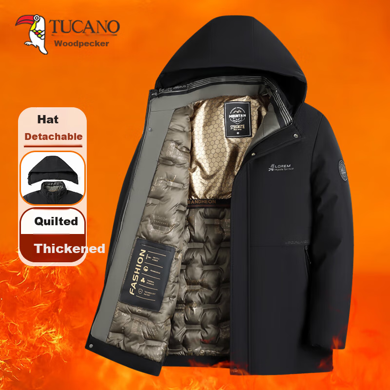 TUCANO Men's Winter Cotton Padded Jacket, Fleece Lined Thickened Coat, Men's Cold-Resistant Warm Business Casual Hooded Outerwear