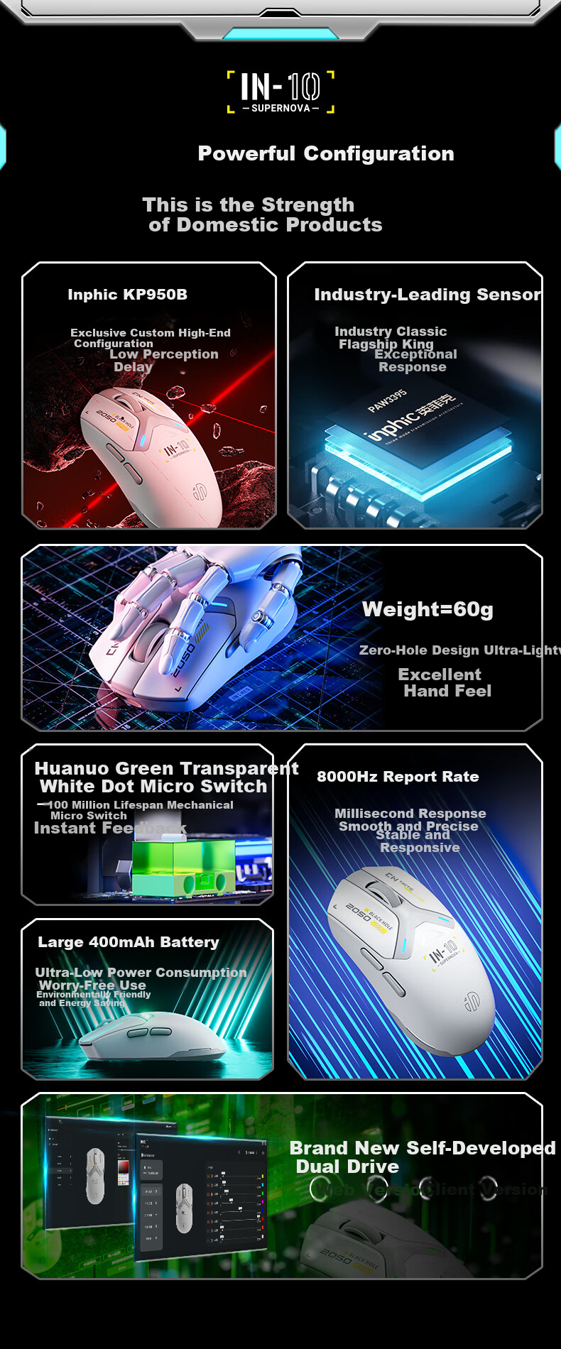 INPHIC IN10 Wireless Gaming Mouse, Wired Bluetooth Tri-Mode PAW3395, Lightweight for Small And Medium Hands, E-Sports, 26k DPI/8K Polling Rate, Huanuo Yi Csgo, Black 3
