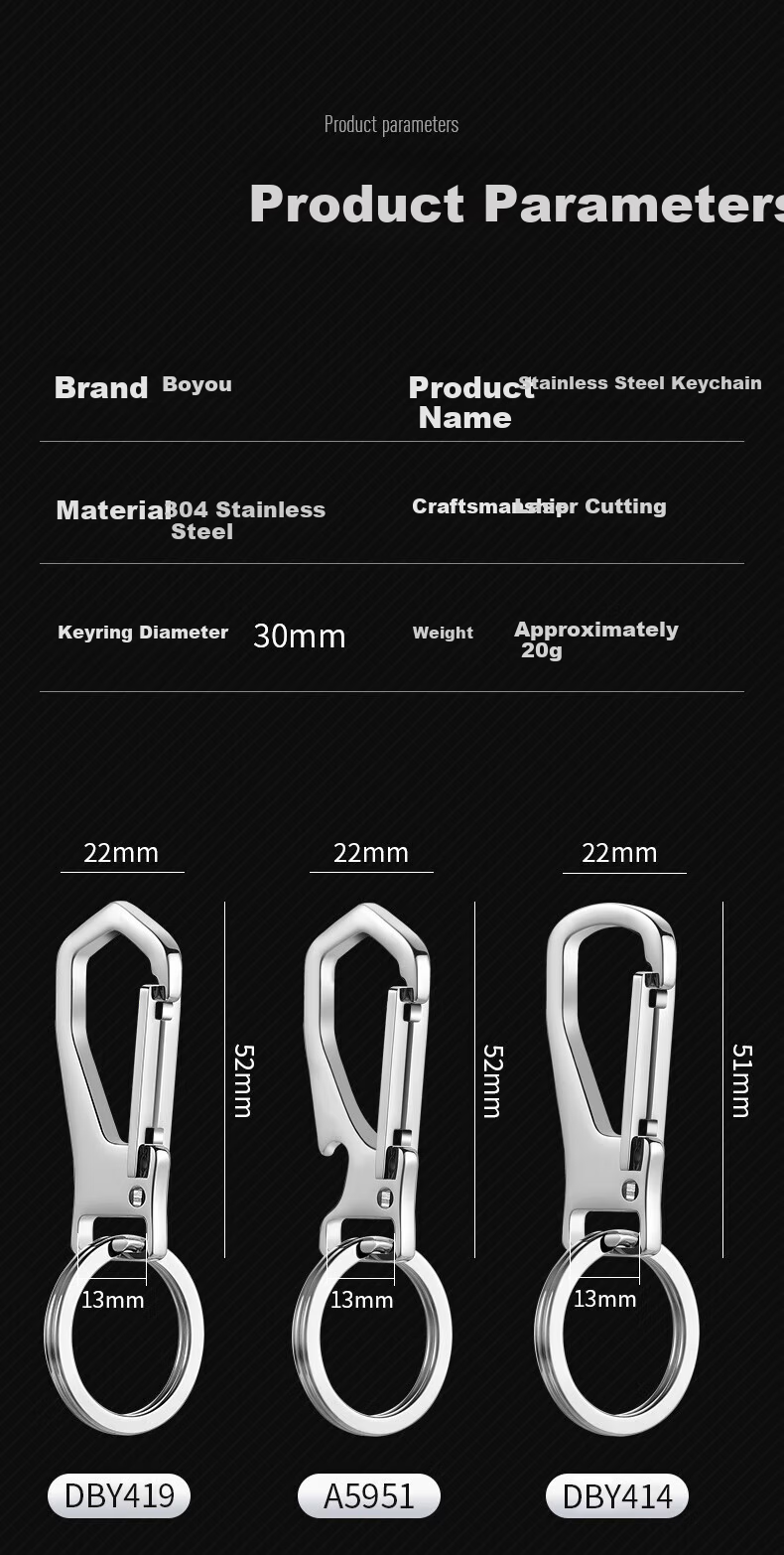 BO YOU Stainless Steel Keychain Men's Car Key Hook Lock Keyring Creative Classic Trendy Style 8