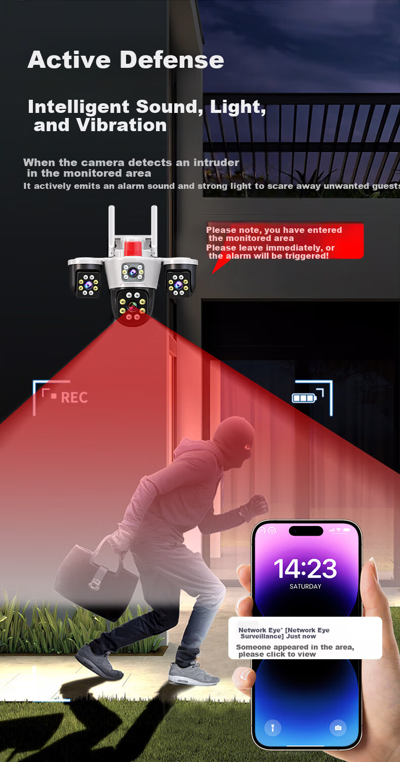 Network Eye Triple Lens Home Security Camera Outdoor No WiFi Required Lifetime Data-Free Mobile Remote Monitoring 360-Degree No Blind Spot Night Vision Rural Use 15