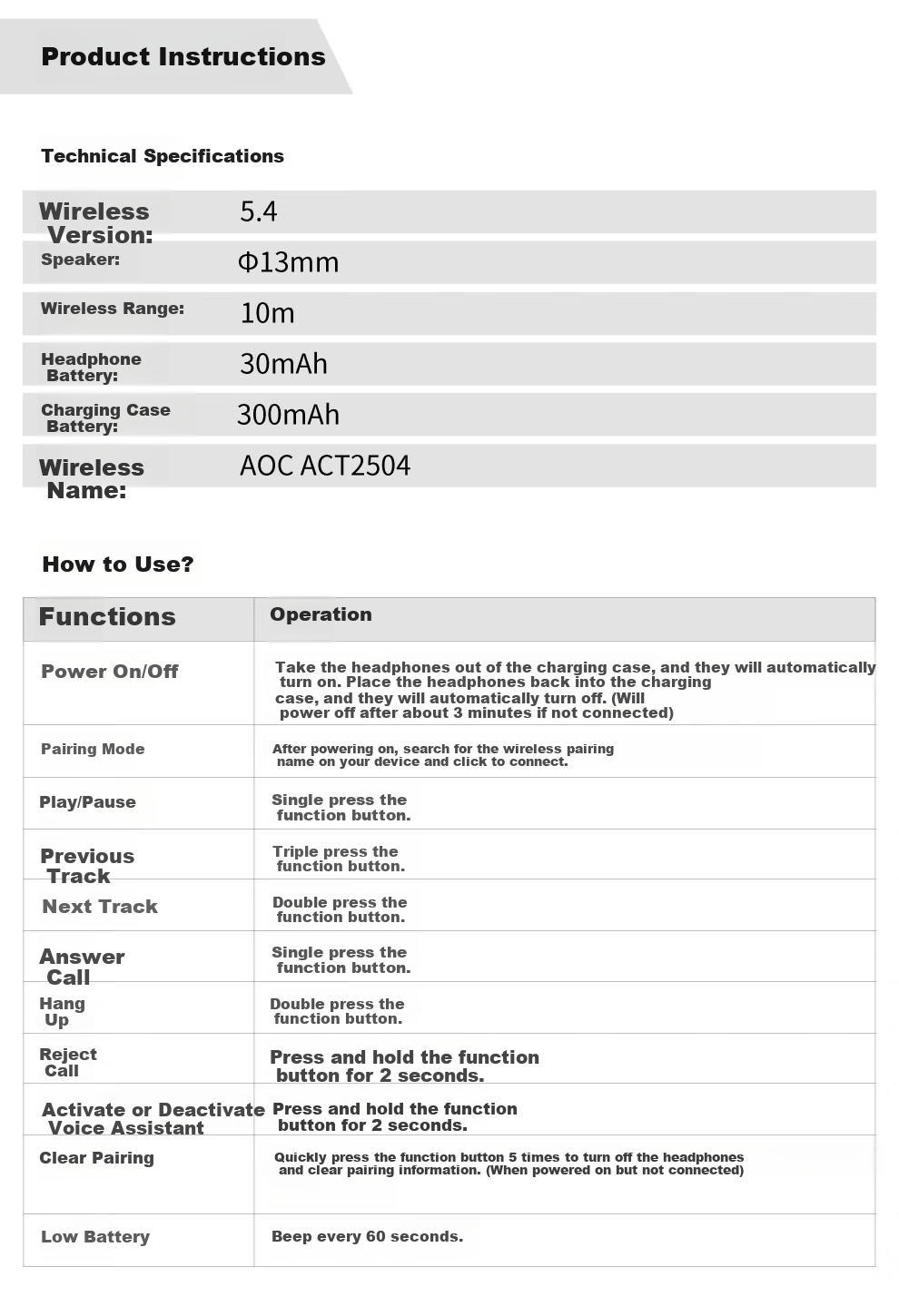 AOC Wireless Bluetooth In-Ear Earphones Long Battery Life Fast Charging for Apple Huawei Xiaomi OPPO Phones Sports Running Gaming ACT2504BK Black 6