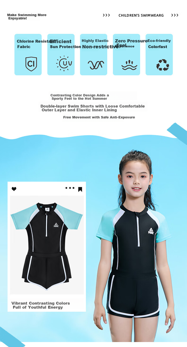PEAK Kids Girls Colorblock Short Sleeve One-Piece Square Leg Conservative Casual Swimsuit Black Size 130 2