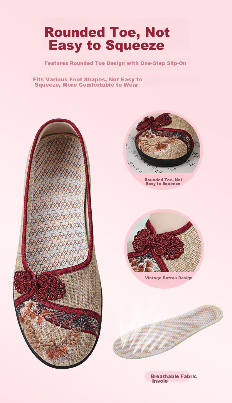 BUSHEYUAN Soft Sole Breathable Flat Shoes with Pankou Buttons, Mom Shoes, Lazy Shoes, Old Beijing Cloth Shoes for Women 510-1332 Red Size 37 7