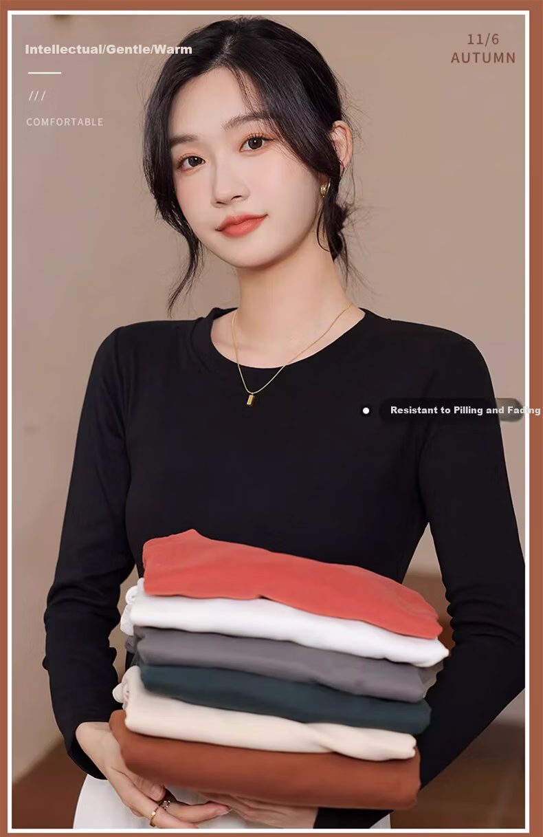 LangSha Round Neck Base Layer for Women, Fall/Winter 2025 New Thickened Ribbed Fleece, 7A Antibacterial Anti-Mite Long Sleeve Slim-Fit Inner Top 1