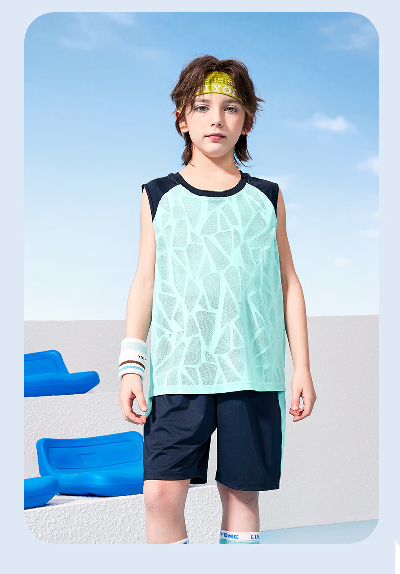 Mark Fairwhale Kids Boys Summer Outfit 2026 New Children's Sports Quick-Dry Two-Piece Basketball Set Blue 140 18