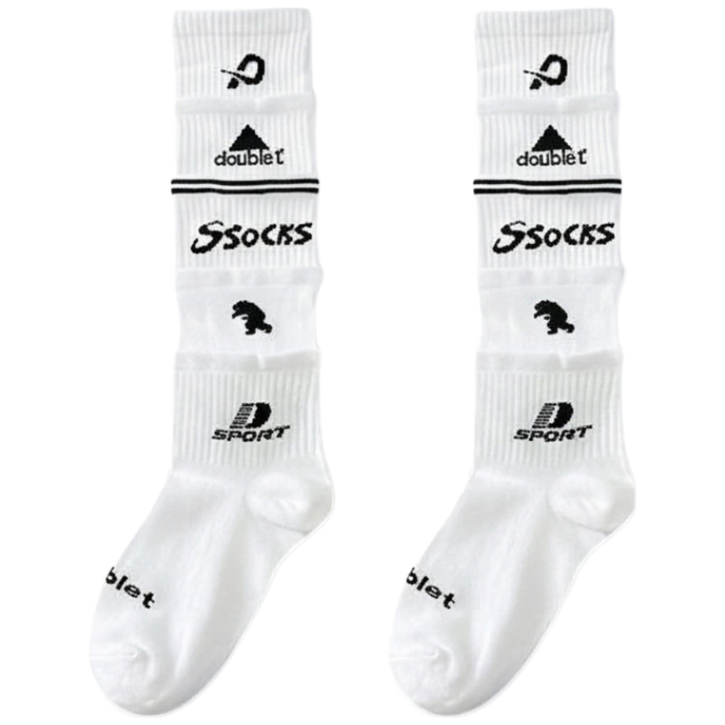 Duweike Sports Socks Football Skateboarding American Retro Letter Trendy Multi-Layer Calf Pushing Long Tube Socks White